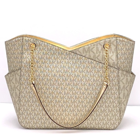 MICHAEL KORS LARGE X CHAIN SHOULDER TOTE BAG PALE GOLD COLOR - Picture 2 of 15